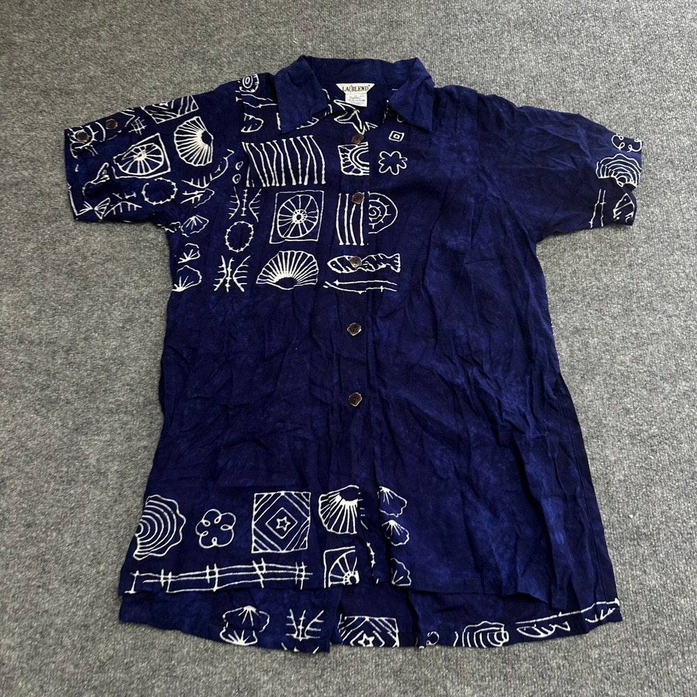 LA Blend Button Down Shirt Womens Size M Blue Rayon Batik Shell Nautical Casual